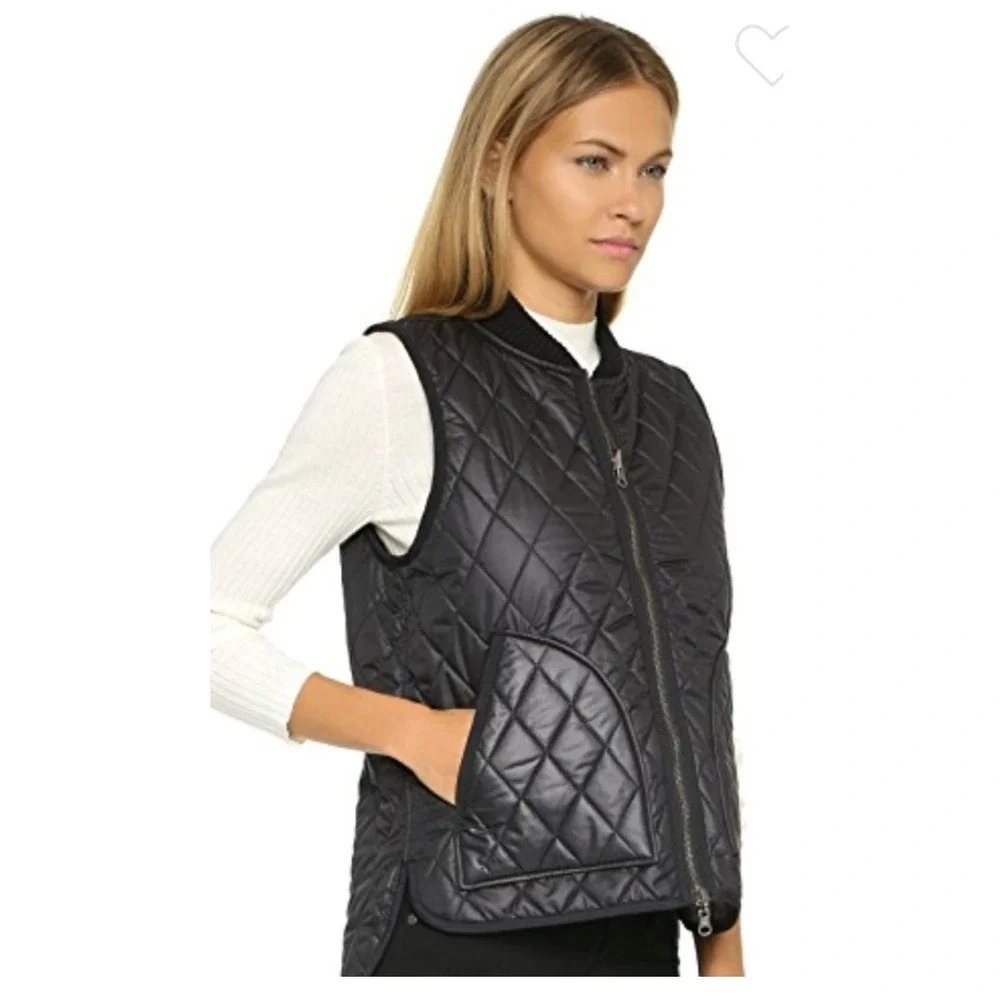 Madewell Plaid Wool Blend Bomber Vest Gray‎ Black Zip Front Quilted Lined Size S